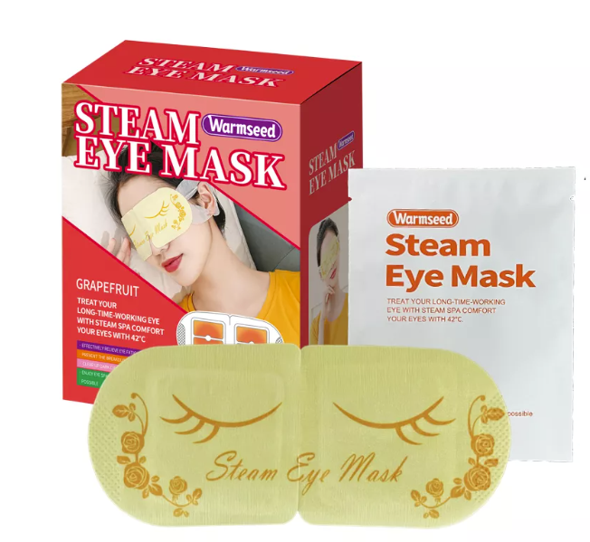 Image of a steam eye mask placed over the eyes, providing soothing warmth and relaxation for tired, strained eyes.